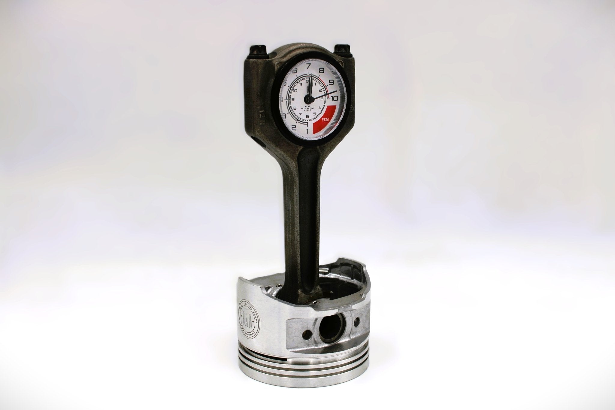 Piston Clock with White RPM Gauge Face - Unique Car Enthusiast Gift, Steampunk Clock for Gearheads, Automotive Decor - Ben's Auto Decor