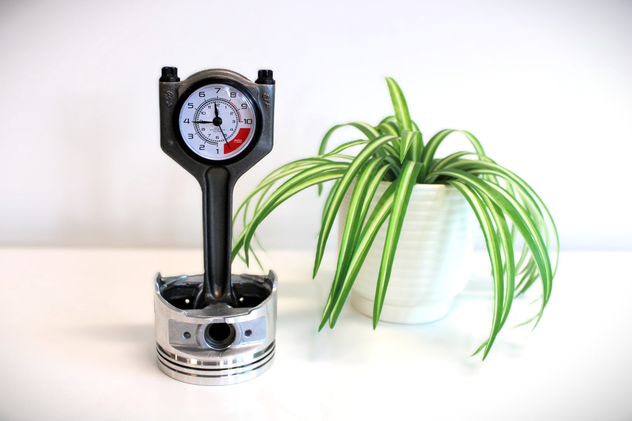 Piston Clock with White RPM Gauge Face - Unique Car Enthusiast Gift, Steampunk Clock for Gearheads, Automotive Decor - Ben's Auto Decor